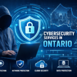 Cybersecurity services in Ontario showing threat detection, network protection, cloud security, and data protection for businesses