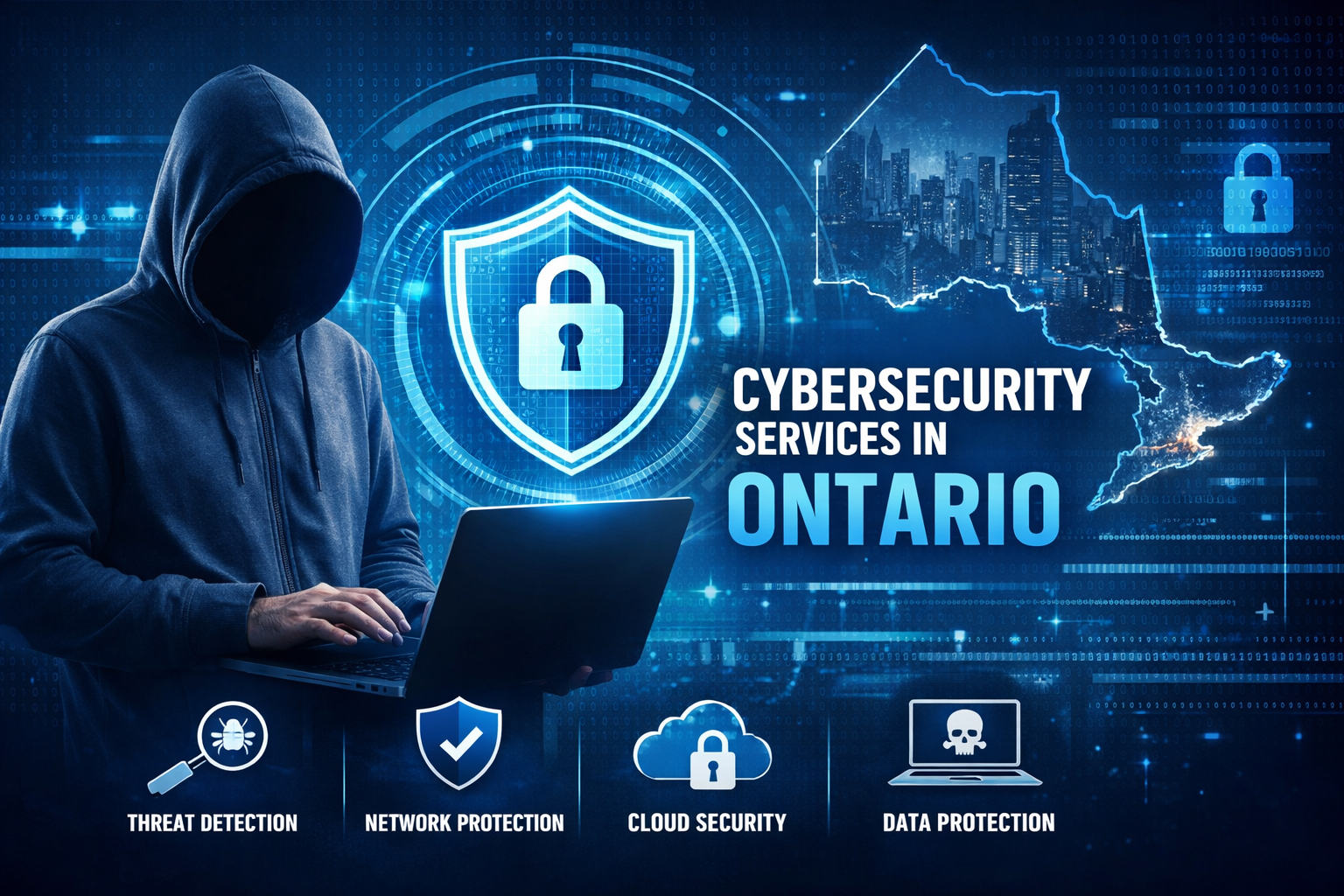 Cybersecurity services in Ontario showing threat detection, network protection, cloud security, and data protection for businesses