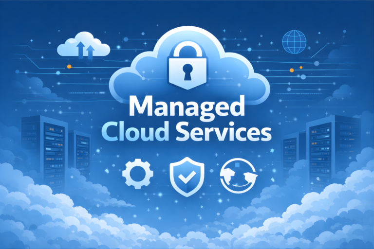 Illustration of managed cloud services with a secure cloud lock icon, data servers, and security symbols representing cloud security, backup, and IT infrastructure management