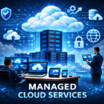 Managed cloud services illustration showing secure cloud infrastructure with 24/7 monitoring over city skyline