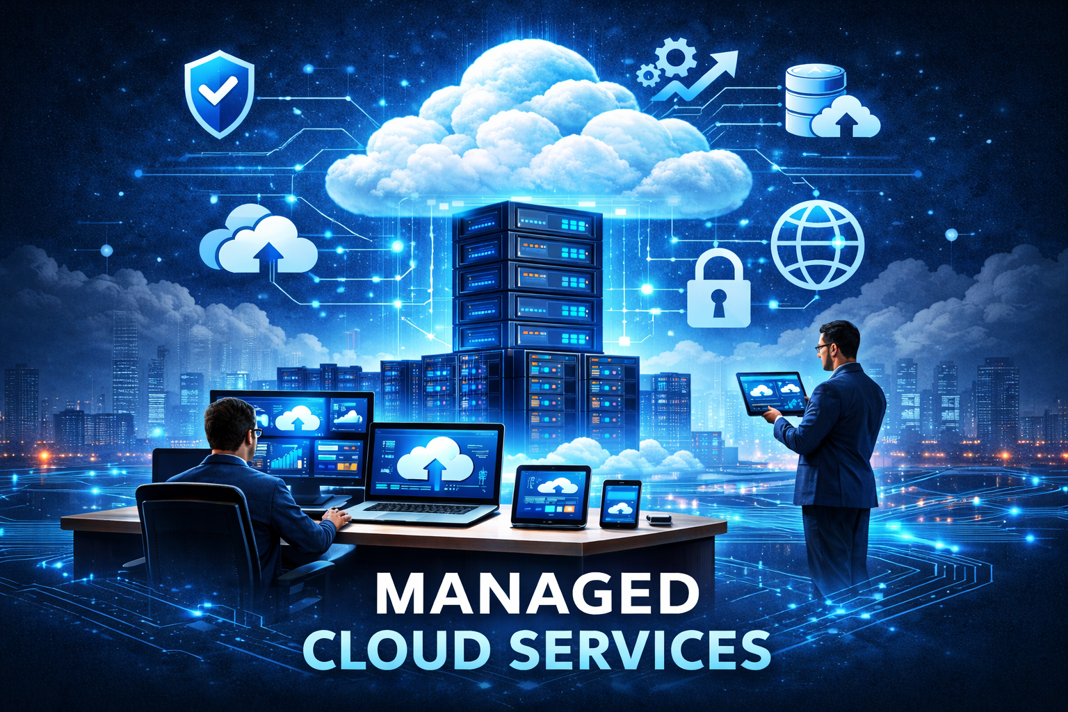 Managed cloud services illustration showing secure cloud infrastructure with 24/7 monitoring over city skyline