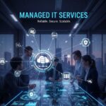 Business team reviewing managed IT services dashboard with cloud computing and cybersecurity icons in a modern office.