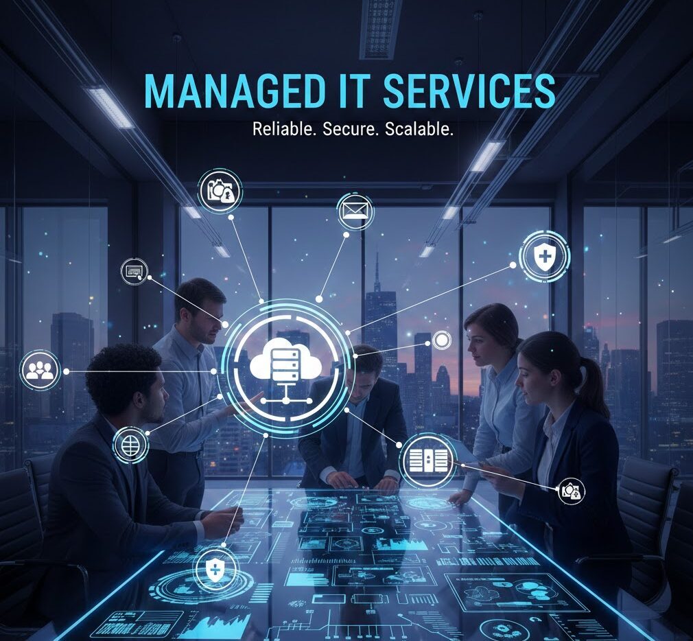 Business team reviewing managed IT services dashboard with cloud computing and cybersecurity icons in a modern office.