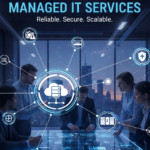 Managed IT services team monitoring secure cloud infrastructure with cybersecurity and network management solutions