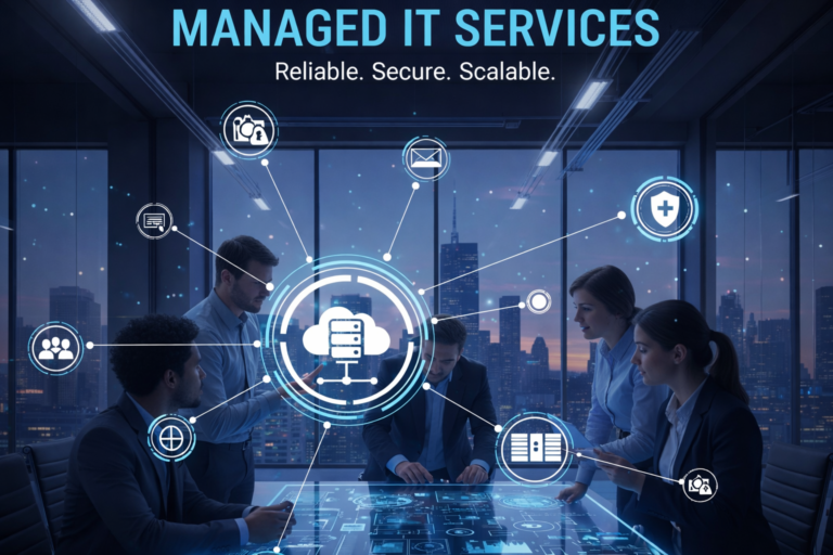 Managed IT services team monitoring secure cloud infrastructure with cybersecurity and network management solutions