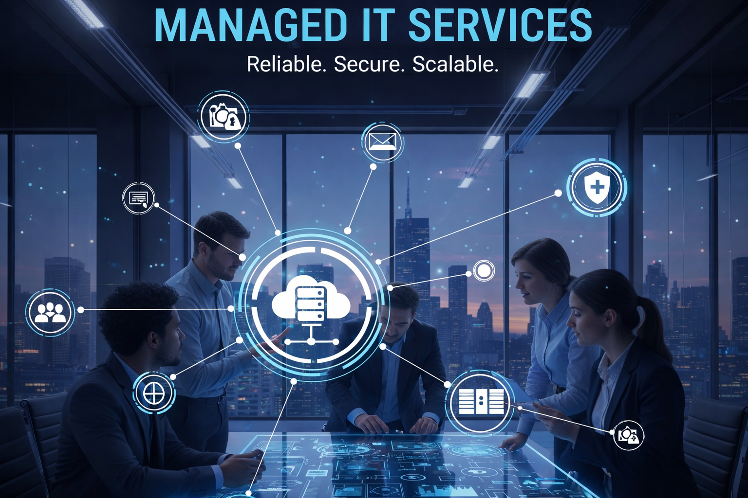 Managed IT services team monitoring secure cloud infrastructure with cybersecurity and network management solutions